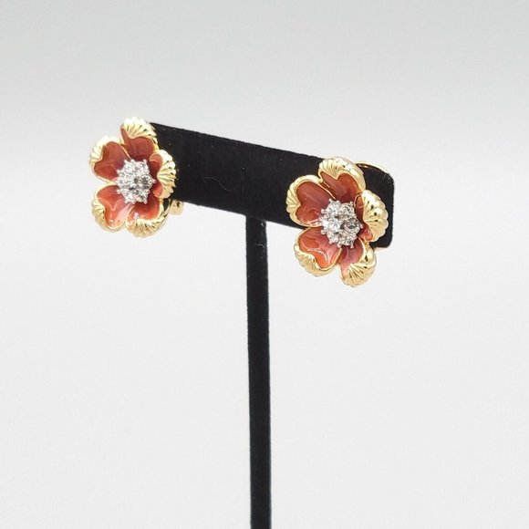 Nolan Miller Signed Gold Tone Metal Flower Cluster Pave Enamel Clip On Earrings - Picture 3 of 6